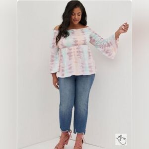 Torrid Size 0 L Pastel Tie Dye Smocked Off-Shoulder Bell Sleeve Babydoll Top